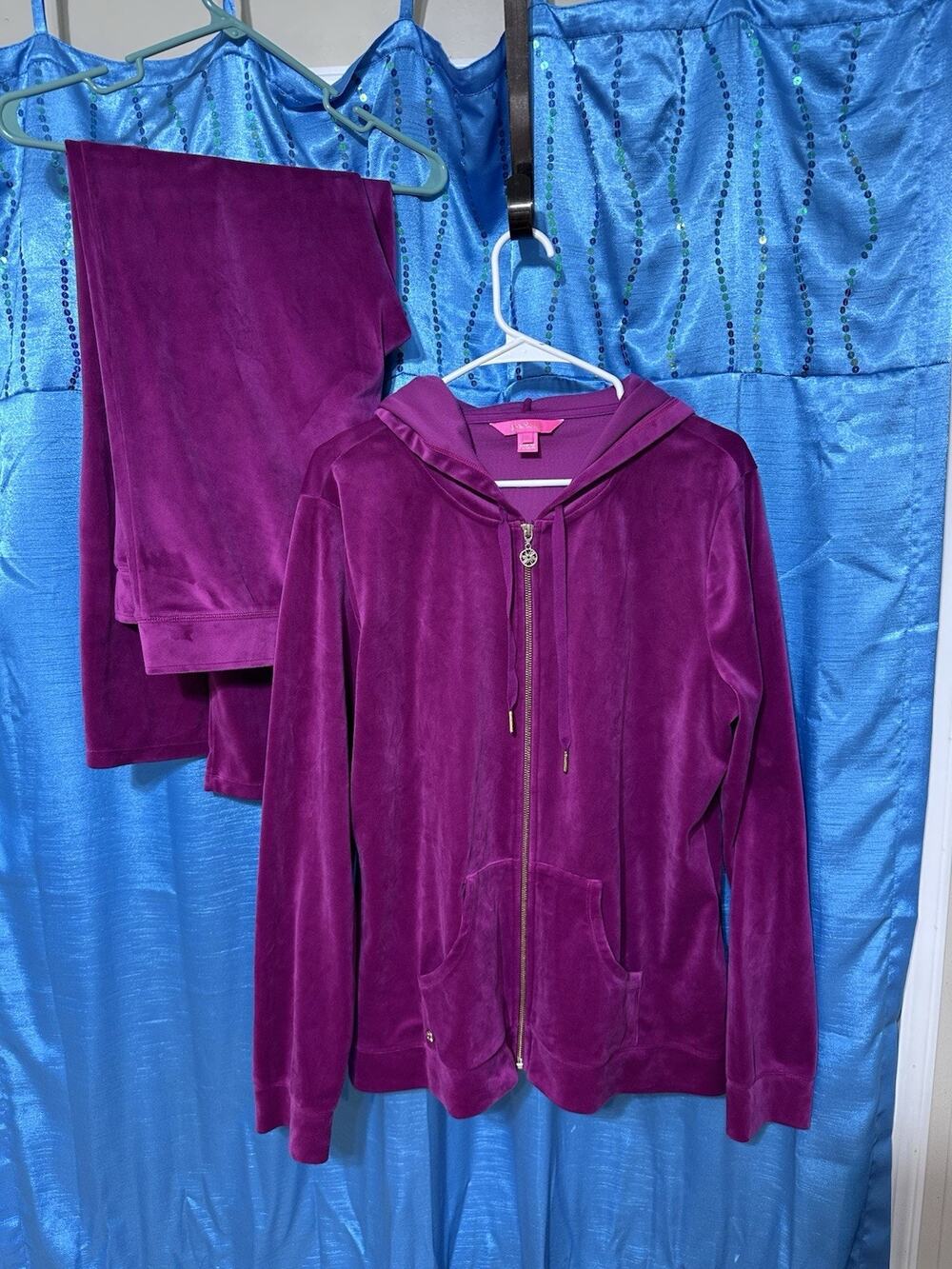 Lilly Pulitzer Track Suit Fushia Larina Velour Hoodie Full Zip Pants Jog Suit XL